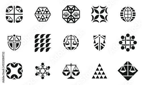 A collection of unique black and white abstract symbols featuring geometric patterns, scales of justice, and shield designs, conveying strength and balance.