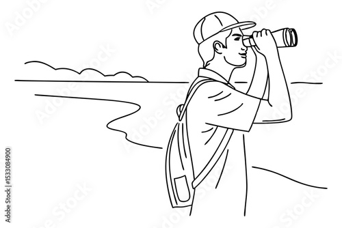 Traveler Looking Through Binoculars Line Art