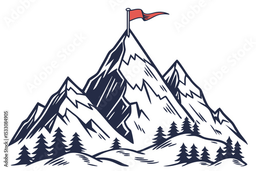 Mountain Peak with Flag Art Illustration