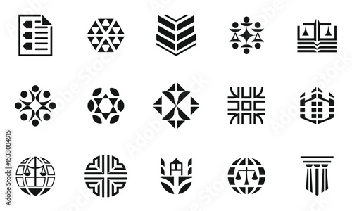 A collection of sixteen diverse and abstract black icons representing various concepts such as community, balance, and structure, ideal for business and creative projects.