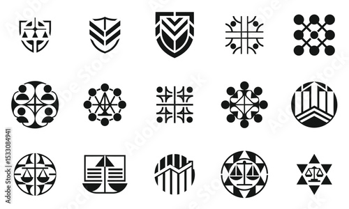 A collection of diverse and abstract black and white logos showcasing geometric shapes and intricate designs, ideal for branding or artistic inspiration.