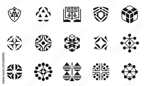 A collection of unique black and white geometric logos, showcasing a variety of shapes and patterns, ideal for modern branding and design projects.