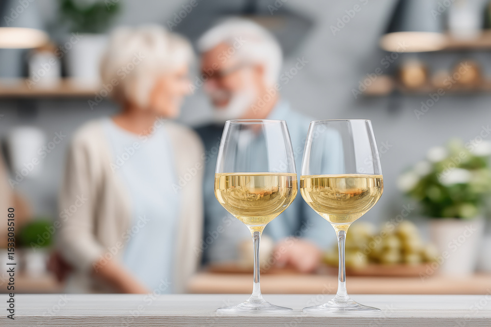 Obraz premium Couples enjoy white wine together in a cozy kitchen setting with blurred background