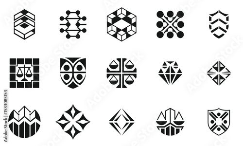 A collection of diverse geometric black and white logos showcasing modern design elements, varying shapes, and symmetrical patterns suitable for branding and identity.