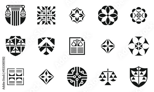 A collection of unique black and white logos showcasing symbols of justice, balance, and legal themes, ideal for representing law, order, and fairness.