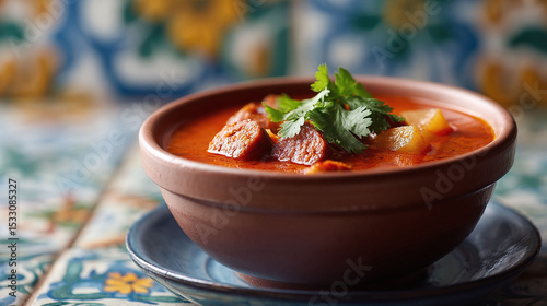 Hearty stew in a rustic bowl, topped with fresh herbs. Comfort food concept. Warm, inviting, and flavorful. Ideal for food blogs, recipes, or culinary projects.