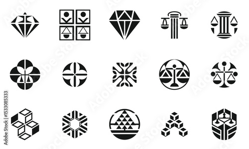 A collection of abstract black and white logo designs featuring geometric shapes, including diamonds, scales, and circular patterns, reflecting innovation and balance.