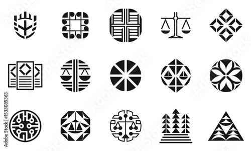 A diverse collection of black and white geometric logos and symbols, representing various themes such as balance, nature, and technology.