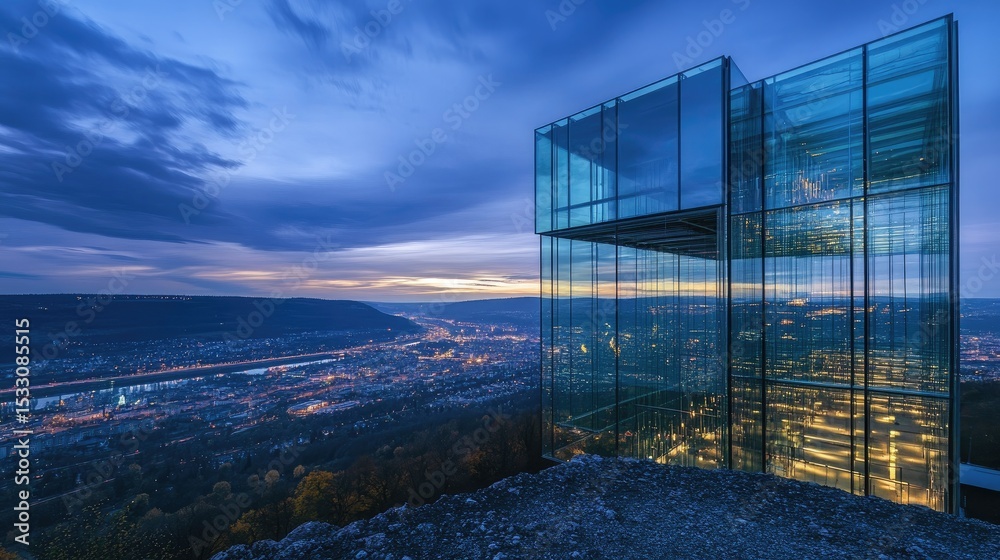 Obraz premium Modern Glass Building Overlooking City Landscape at Twilight With Scenic Mountain Views and Urban Lights Gleaming Below