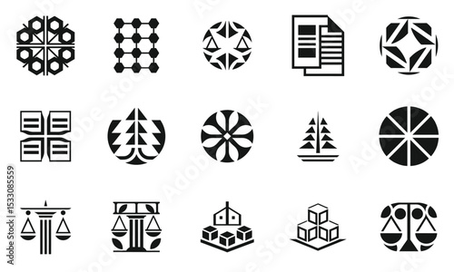 A collection of black and white abstract icons featuring geometric shapes, patterns, and symbols, representing creativity, harmony, and balance.