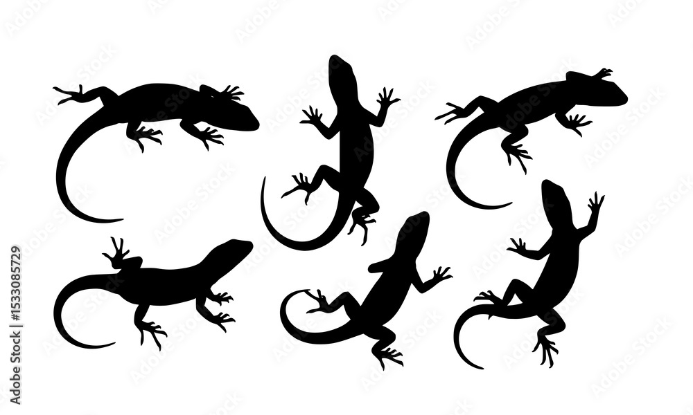 Naklejka premium Set Bundle of Creative Silhouette Illustrations Featuring Lizards in Various Dynamic Poses for Educational and Artistic Projects