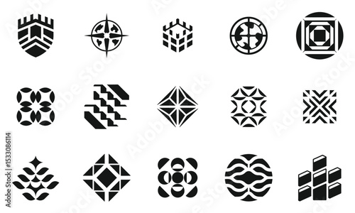 A diverse collection of black and white geometric logos showcasing unique patterns and designs. Each logo features distinct shapes that convey creativity and modernity.