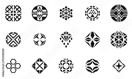 A collection of diverse geometric patterns, showcasing intricate designs in black and white. Each shape conveys a unique artistic style, perfect for various creative projects.