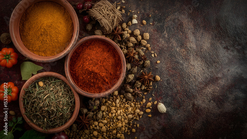 Fototapeta Naklejka Na Ścianę i Meble -  Colorful spices and herbs on dark background – Flat lay