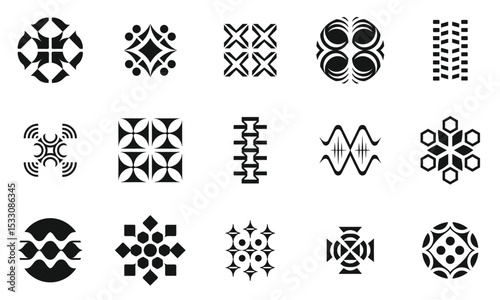A collage of intricate geometric patterns in black and white, showcasing various shapes and designs, perfect for modern decor or textile applications.