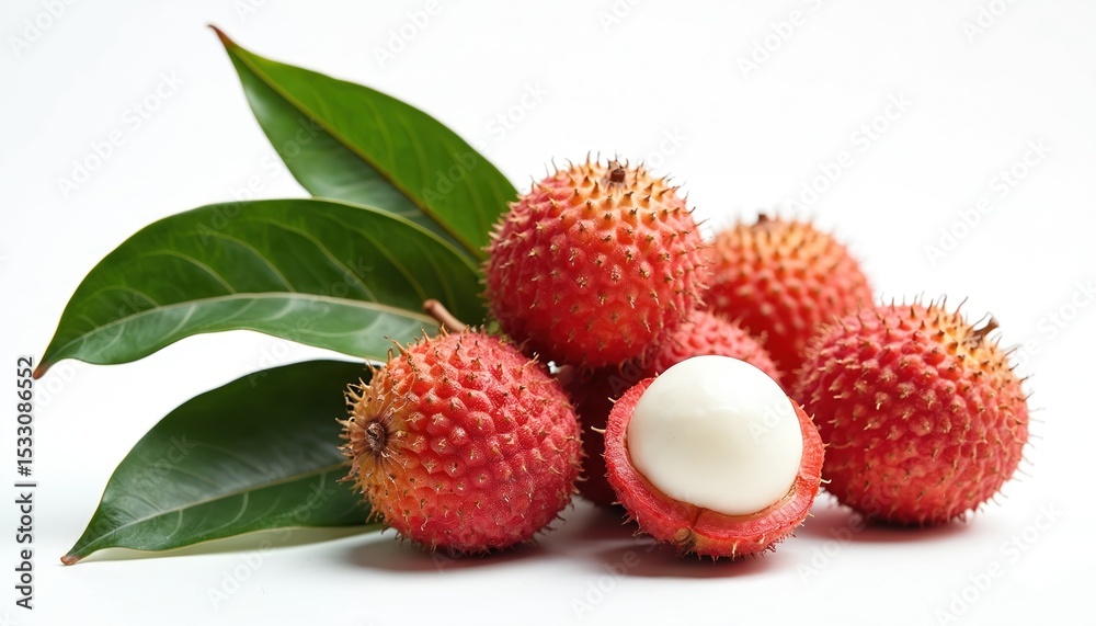 Fresh lychee fruits with green leaves on white background. One peeled fruit reveals white juicy flesh. Tropical sweet food, healthy dessert ingredient. Close-up, isolated, ripe, delicious. Fresh lychee fruits with green leaves on white background. One peeled fruit reveals white juicy flesh. Tropical sweet food, healthy dessert ingredient. Close-up, isolated, ripe, delicious.