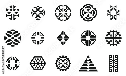 A diverse collection of abstract geometric patterns in black and white, showcasing various shapes and designs, ideal for creative projects and modern aesthetics.