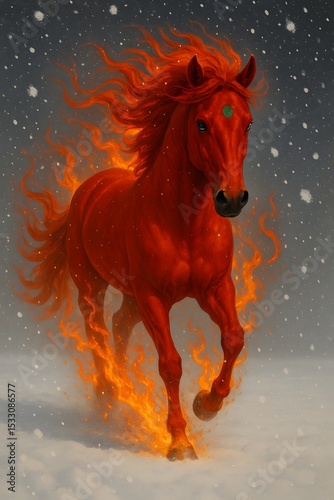 Fiery Red Horse Galloping Through a Snowy Landscape with Green Mark created by Generative AI.