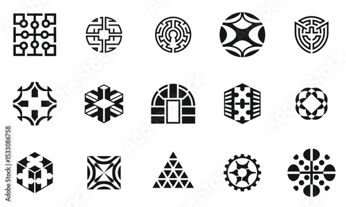 A collection of intricate black and white geometric patterns, showcasing a blend of modern and traditional designs. Each shape presents a unique visual experience.