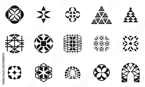 A collection of unique geometric black and white patterns showcasing diverse shapes such as stars, triangles, and floral designs, perfect for modern decor.