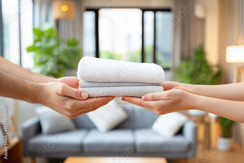 Hands exchanging folded towels in a cozy living room setting with soft lighting