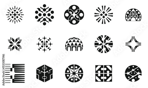 A collection of various abstract black and white geometric shapes, showcasing intricate patterns and designs, suitable for decoration or graphic design.