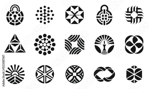 A collection of intricate black and white logos showcasing geometric shapes and patterns, ideal for graphic design or branding inspiration.