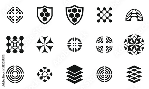 A diverse collection of geometric logo designs, featuring various shapes like shields, honeycomb patterns, and circular motifs, ideal for modern branding.