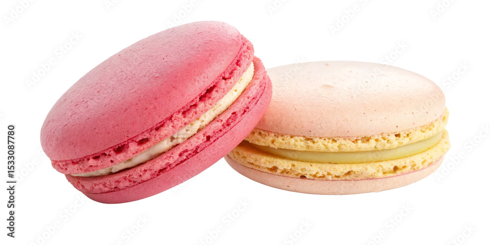 Obraz premium Two Delicious Macarons, Isolated on Transparent Background, Pink and Peach, Pastry, French Dessert, Macarons, Dessert, Food