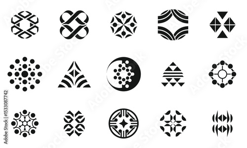 A diverse collection of unique geometric logos, showcasing intricate designs in black and white, suitable for modern branding.