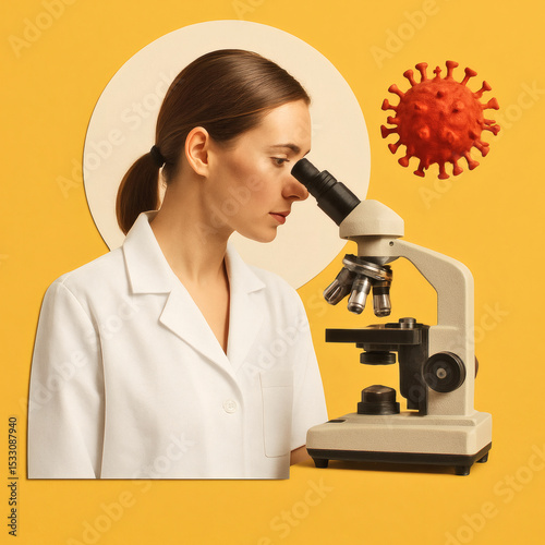 Vibrant Modern Collage Art, Laboratory Concept with Microscope, Lab Coat, Woman Scientist & Red Virus on Yellow Background, Creative Science Theme