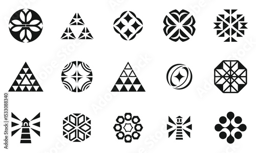 An array of decorative black and white geometric patterns featuring various shapes like circles, triangles, and intricate designs, showcasing creativity and style.