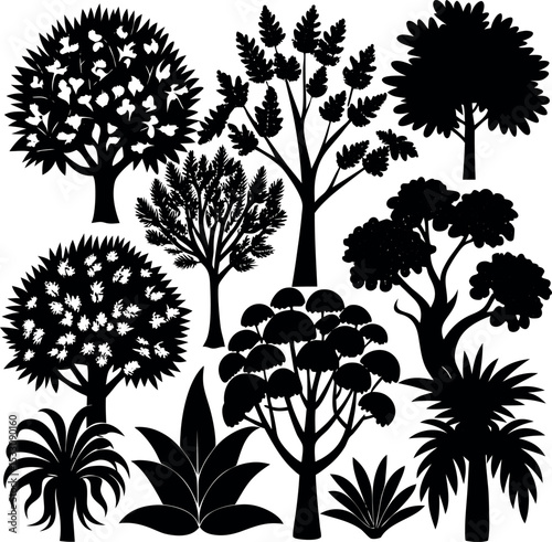 set of black silhouettes of plants