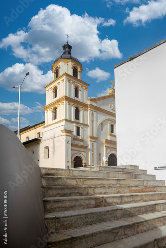 Bogota, Colombia. July 5, 2021:Primate Cathedral of Colombia with blue sky.