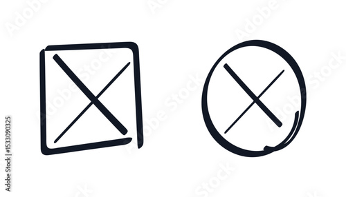 Hand drawn Cross in Circle and Square border. Mark choice No. Isolated black ink negative Vote Symbol. Linear negation. Rejection in questionnaire. Marker Outline. Simple sketch. Vector illustration
