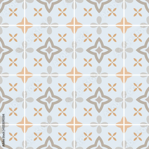 Simple retro ceramic tile seamless pattern. Abstract floral azulejo, turkish, spanish ornamental design. Vector background for fabric, tile, floor, wallpaper, textile