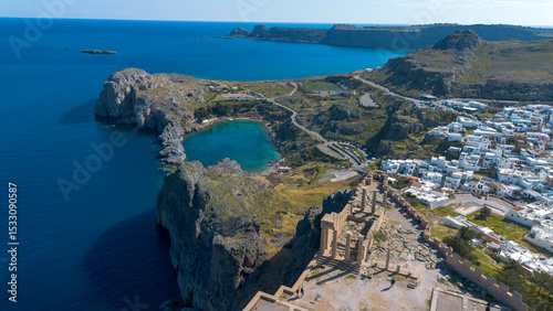 Rhodes, Greece. Lindos small whitewashed village and the Acropolis, scenery of Rhodos Island at Aegean Sea.
