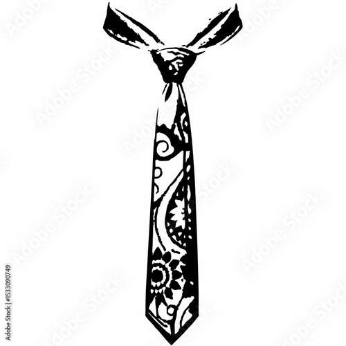 Decorative black and white tie with intricate pattern design  