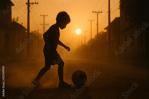 Boy Playing Soccer at Sunset