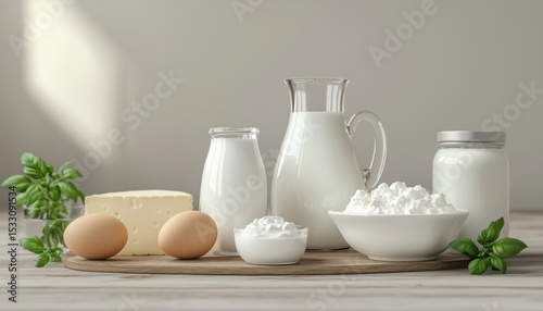 Variety Of Fresh Dairy Products Displayed On Wooden Table: Milk, Cottage Cheese, Eggs, Yogurt, Sour Cream, And Butter - Delicious Ingredients For Every Meal.