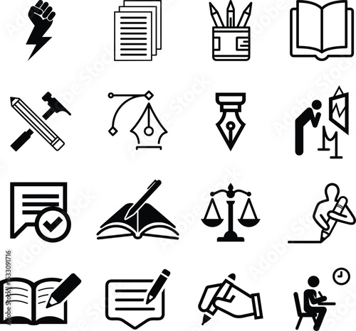 Writing Web Icon Set in Line Style. Collection of Copywriting Linear Icons, Including write, note, edit, writer, text, pen, signature, content editing, document, nib, pencil and More.