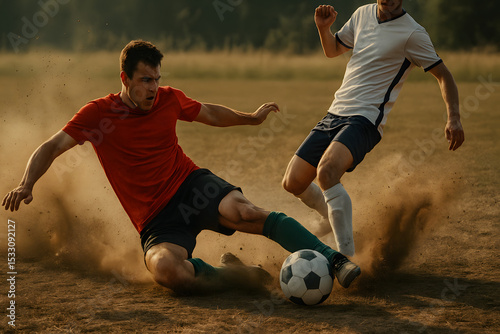 Intense Soccer Match on Dusty Field