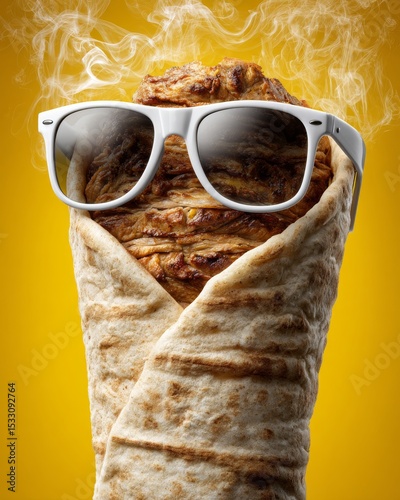 Doner kebab wearing sunglasses on a yellow background fun artwork capturing a playful summer concept.