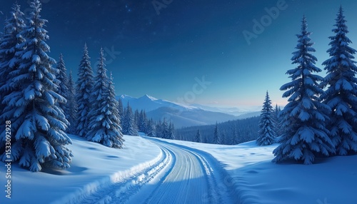 Starry night illustration over snow-covered winter landscape. Winding cross country ski tracks in forest, leading to mountains. Snowy pine trees in a tranquil, serene setting. Winter sports travel.