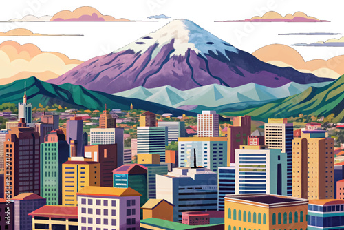 Vector cityscape of La Paz, Bolivia, with Mount Illimani in the background, showing urban elevation, Andean skyline, rooftops, and dramatic mountain scenery