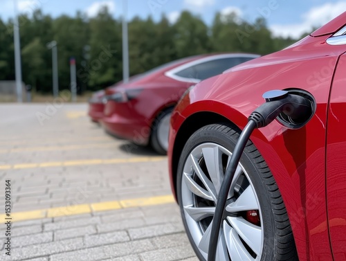 A red electric car is charging at a station, with another car parked nearby and trees in the background on a sunny day.