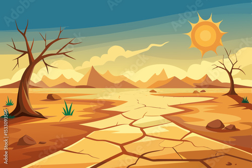 Hot Sun Over Dried Cracked Ground Climate Concept