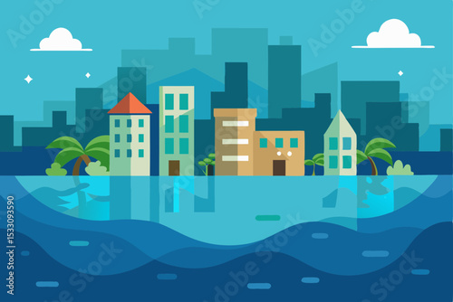 Submerged Coastal City with Flooded Buildings Art