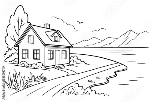 Lakeside Cabin with Mountain View Line Drawing