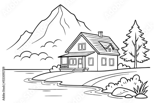 Peaceful Mountain Lake House Line Vector Illustration